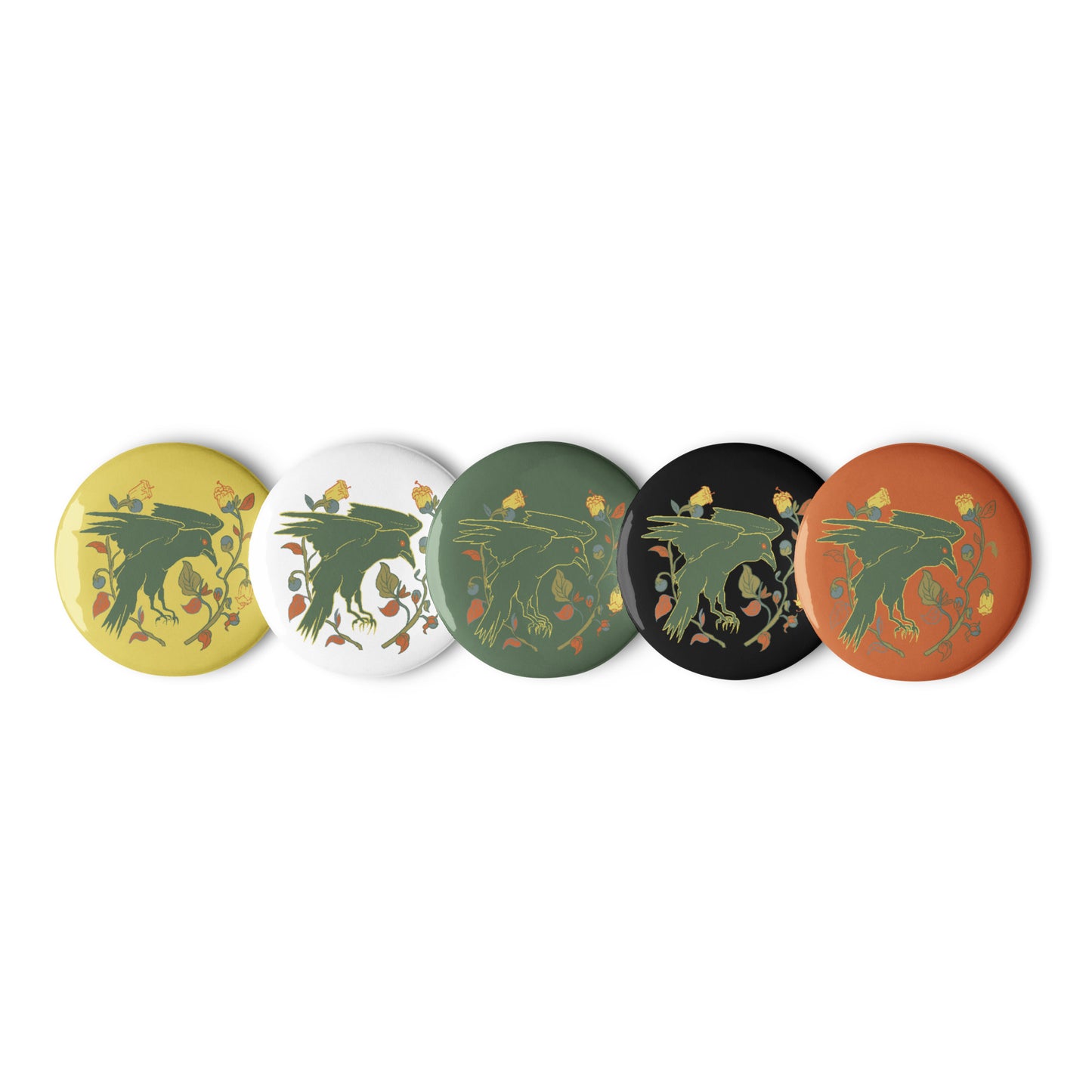 Retro Style Raven Green Bird Pin Button Set of 5 (2.25″)