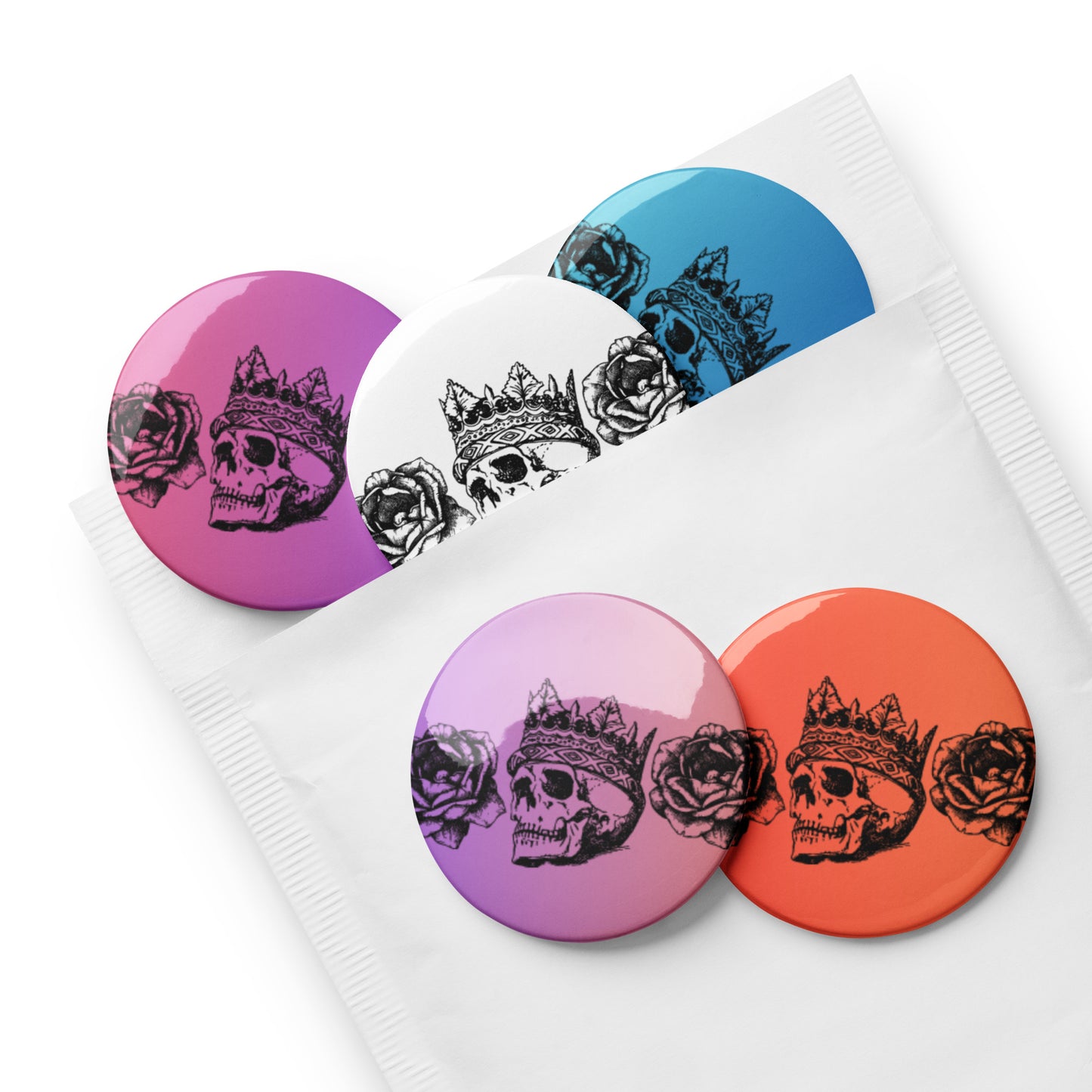 Crowned Skull & Flowers Pin Button Set of 5 (2.25″)