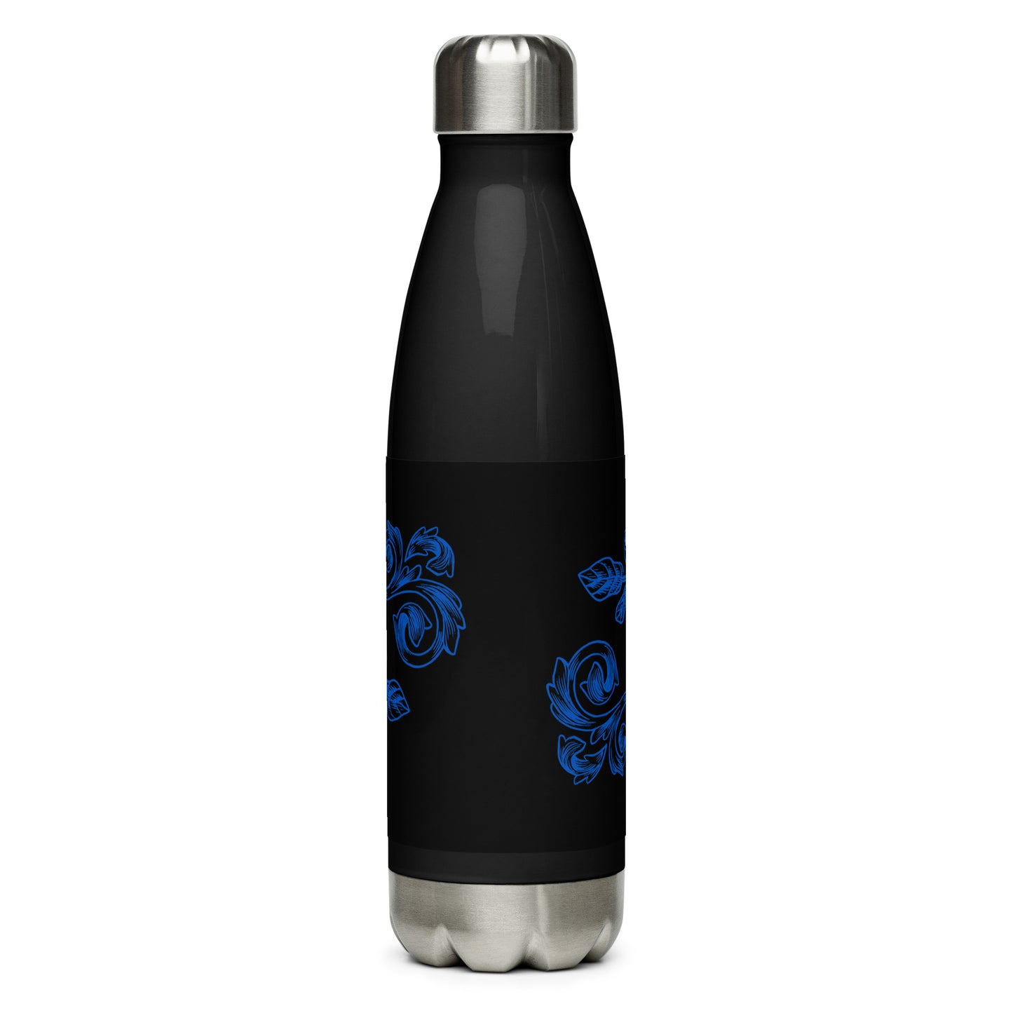 Black Stainless Steel Water Bottle Deep Blue Flower Filigree