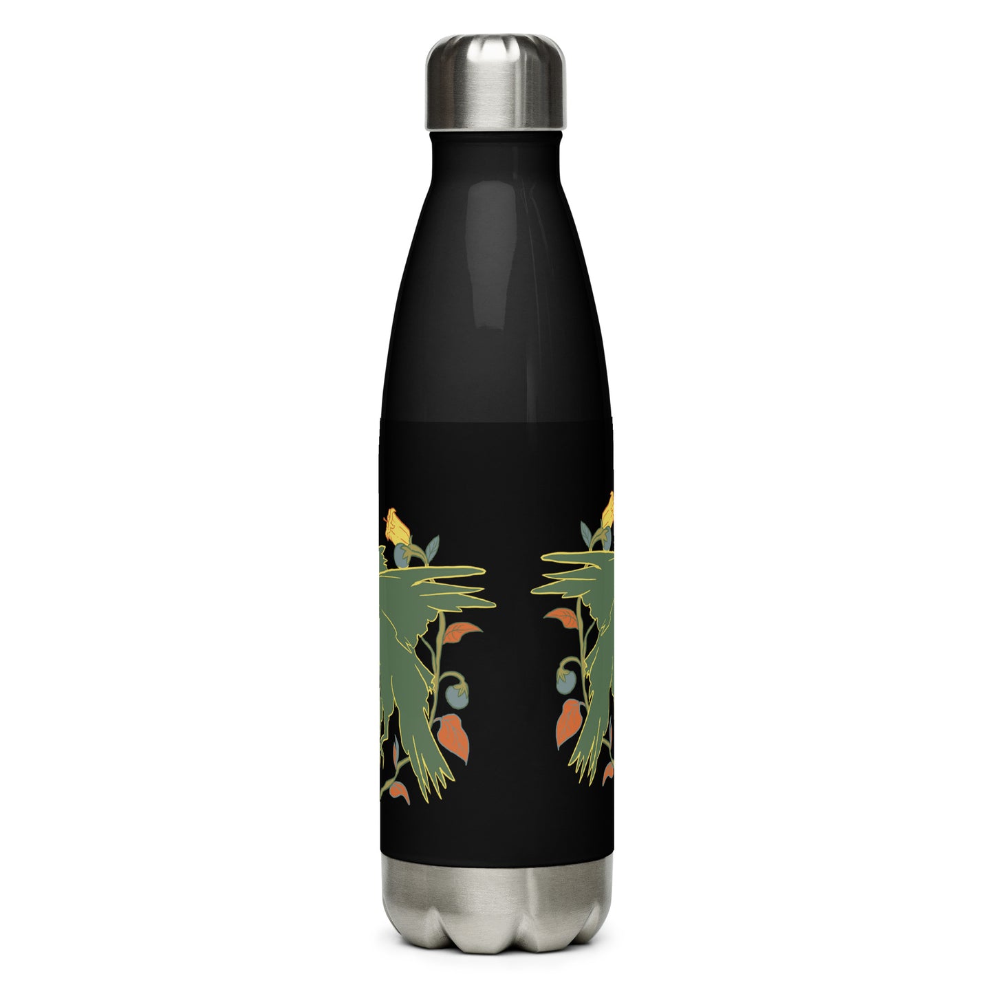 Retro Style Green Bird Raven Black Stainless Steel Water Bottle