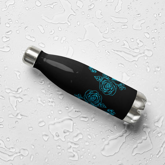 Black Stainless Steel Water Bottle Blue Flower Filigree