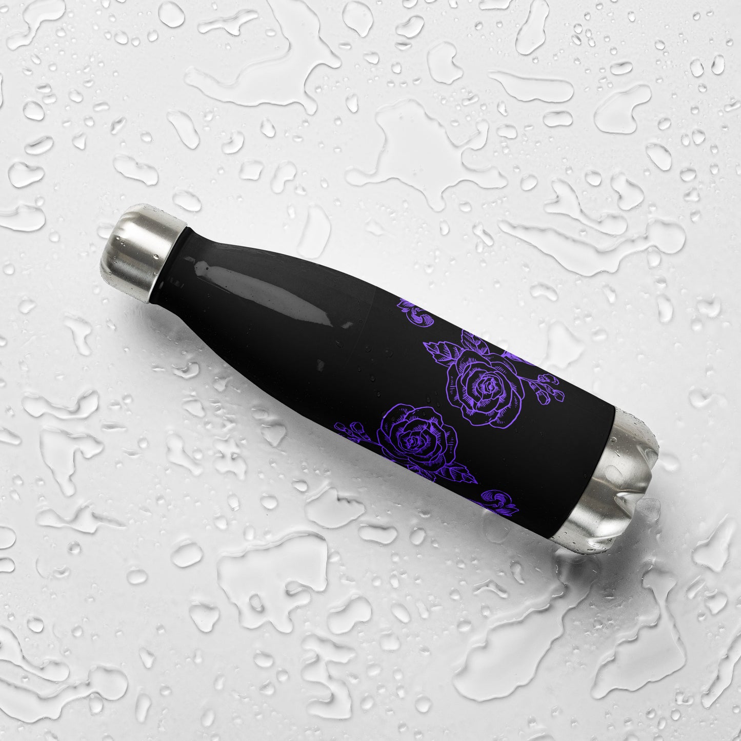 Black Stainless Steel Water Bottle Purple Flower Filigree