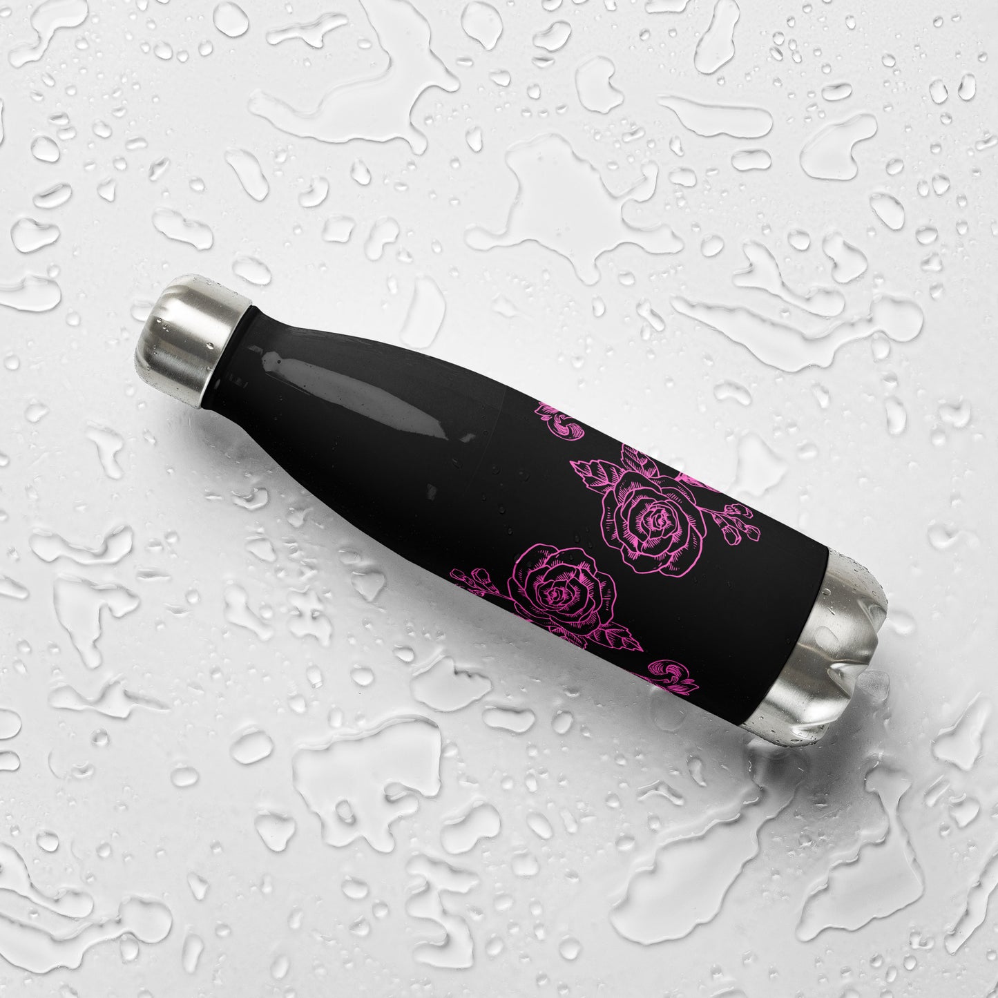 Black Stainless Steel Water Bottle Pink Flower Filigree