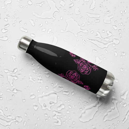 Black Stainless Steel Water Bottle Pink Flower Filigree