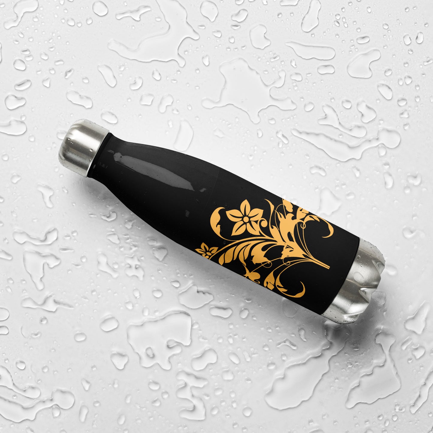 Floral Filigree Bouquet Orange Design Black Stainless Steel Water Bottle