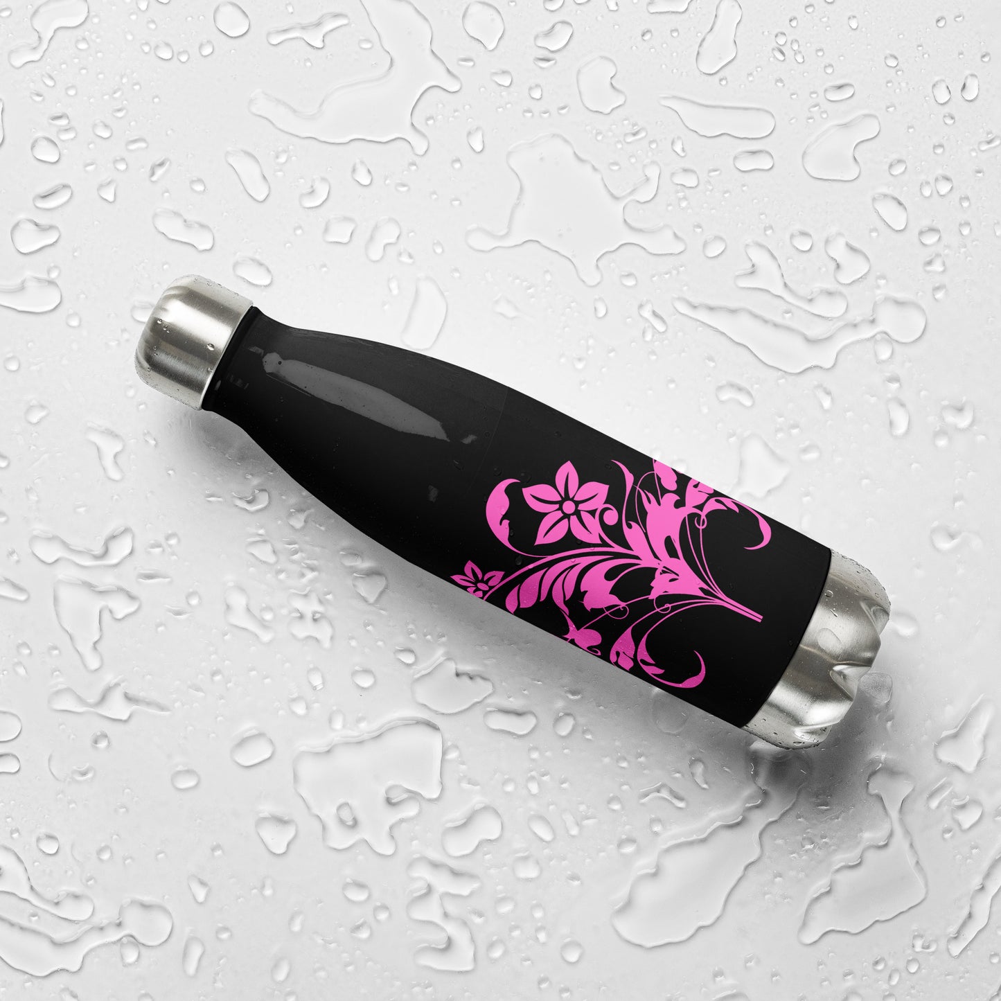 Floral Filigree Bouquet Pink Design Black Stainless Steel Water Bottle