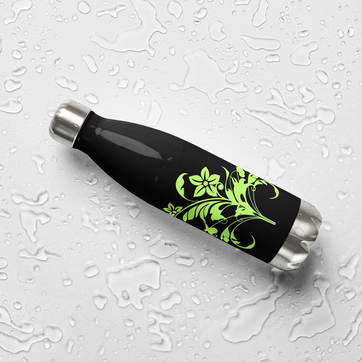 Floral Filigree Bouquet Green Design Black Stainless Steel Water Bottle