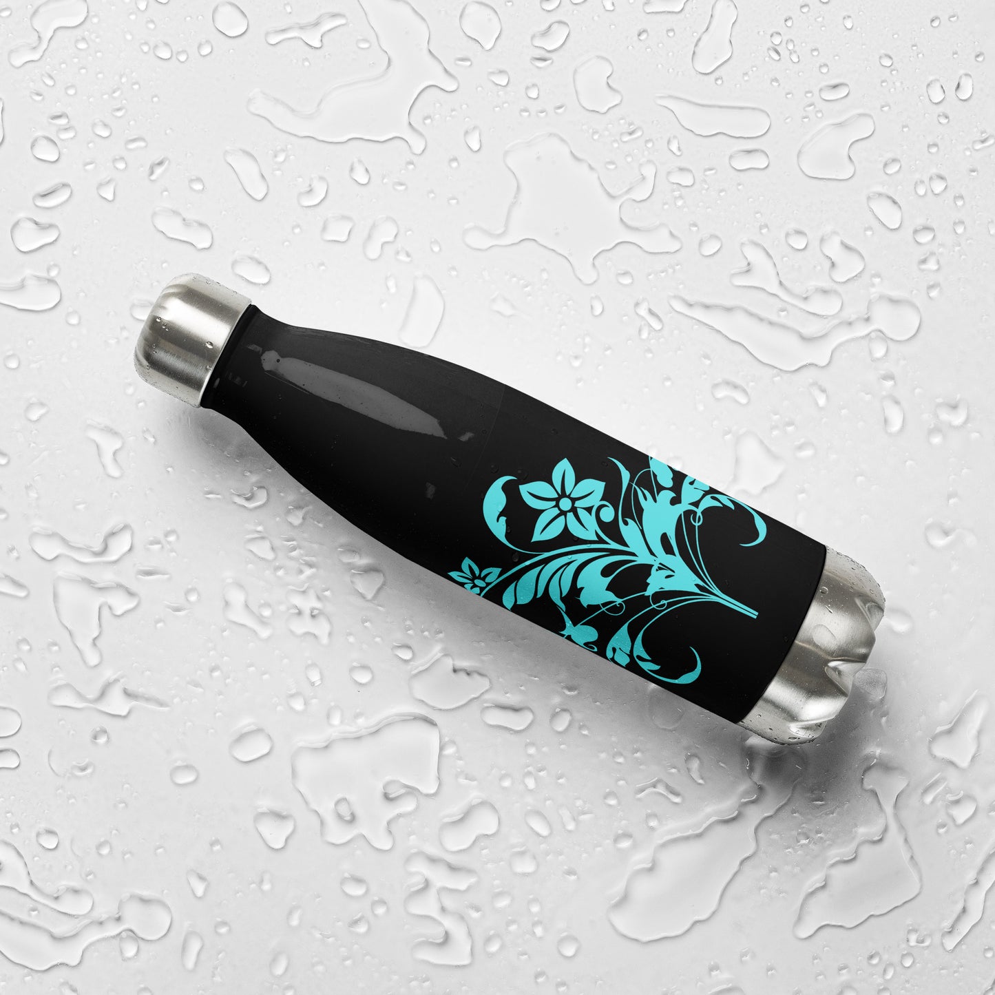 Floral Filigree Bouquet Blue Design Black Stainless Steel Water Bottle