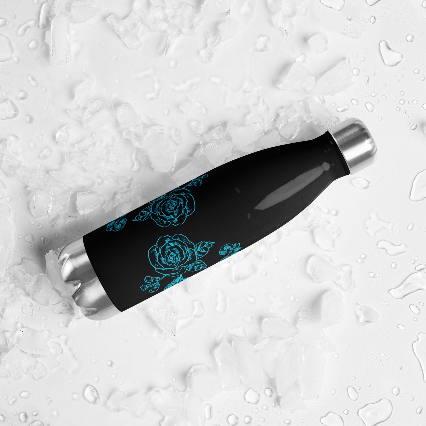Black Stainless Steel Water Bottle Blue Flower Filigree