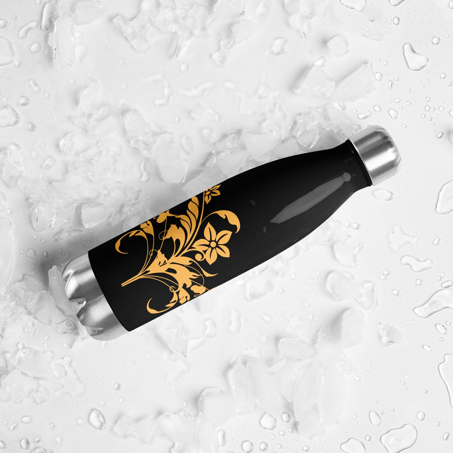 Floral Filigree Bouquet Orange Design Black Stainless Steel Water Bottle