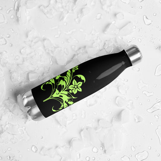 Floral Filigree Bouquet Green Design Black Stainless Steel Water Bottle