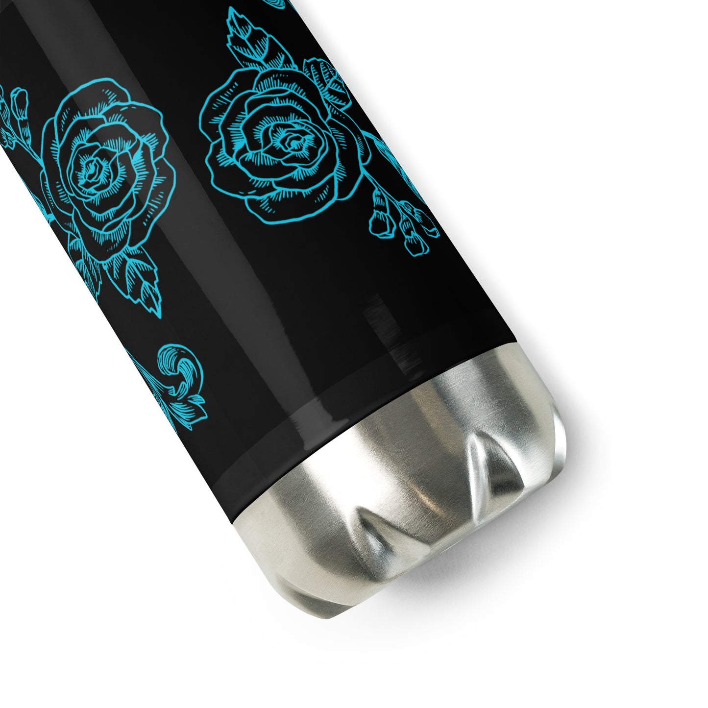 Black Stainless Steel Water Bottle Blue Flower Filigree