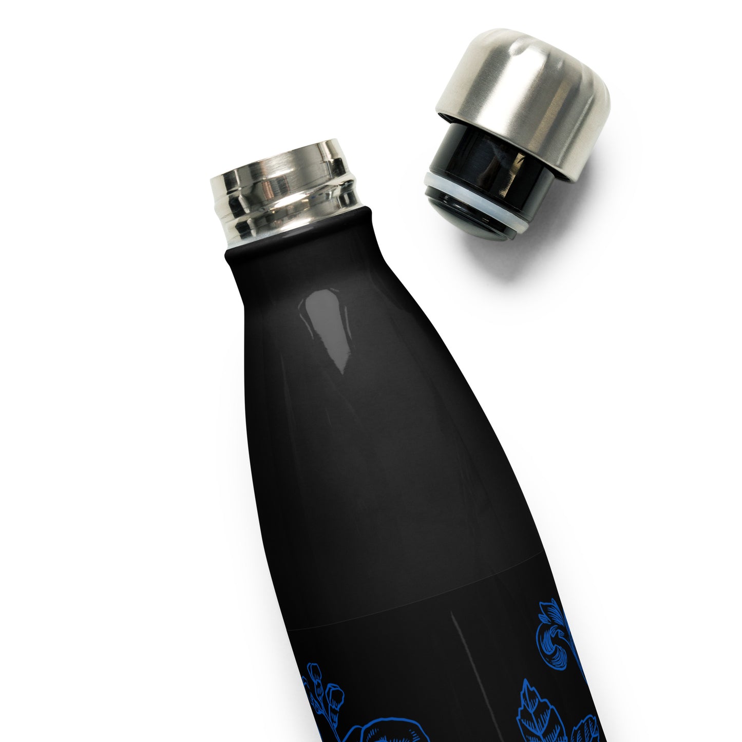 Black Stainless Steel Water Bottle Deep Blue Flower Filigree