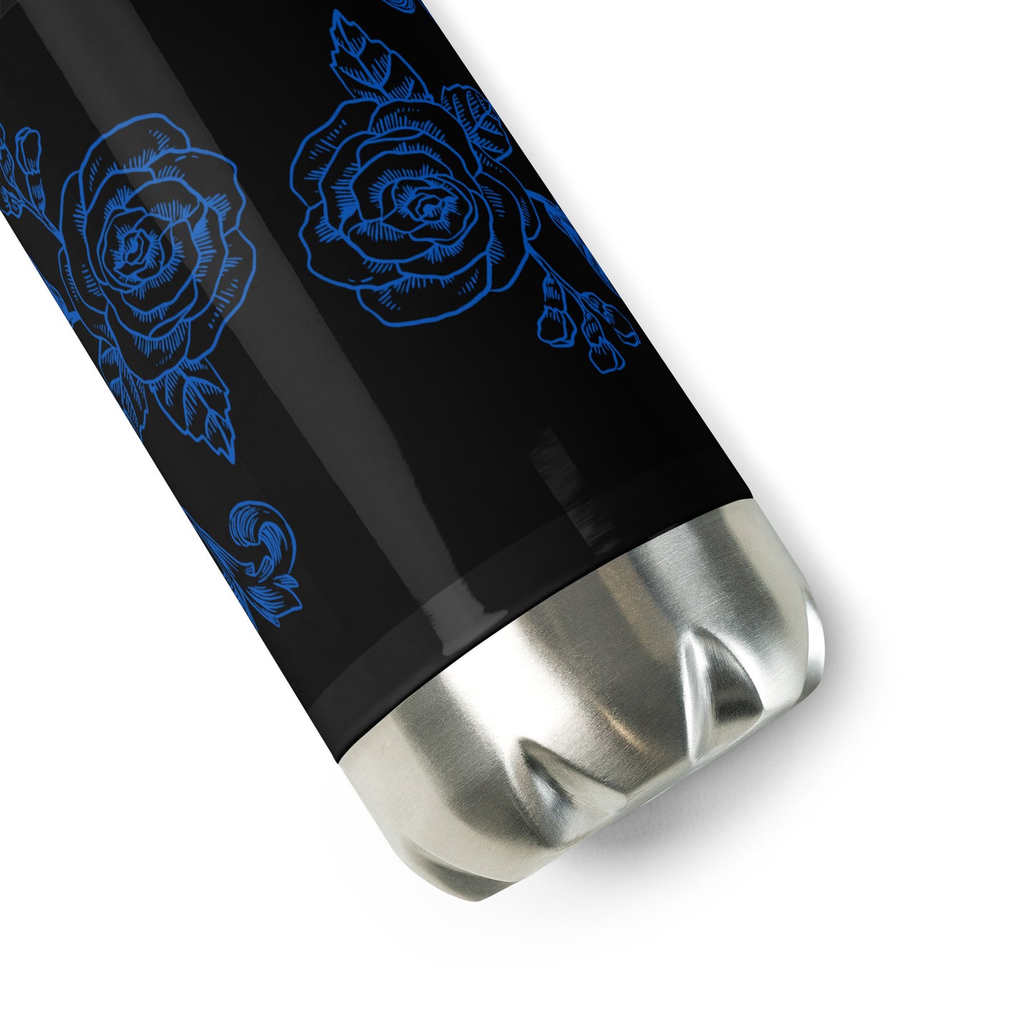 Black Stainless Steel Water Bottle Deep Blue Flower Filigree