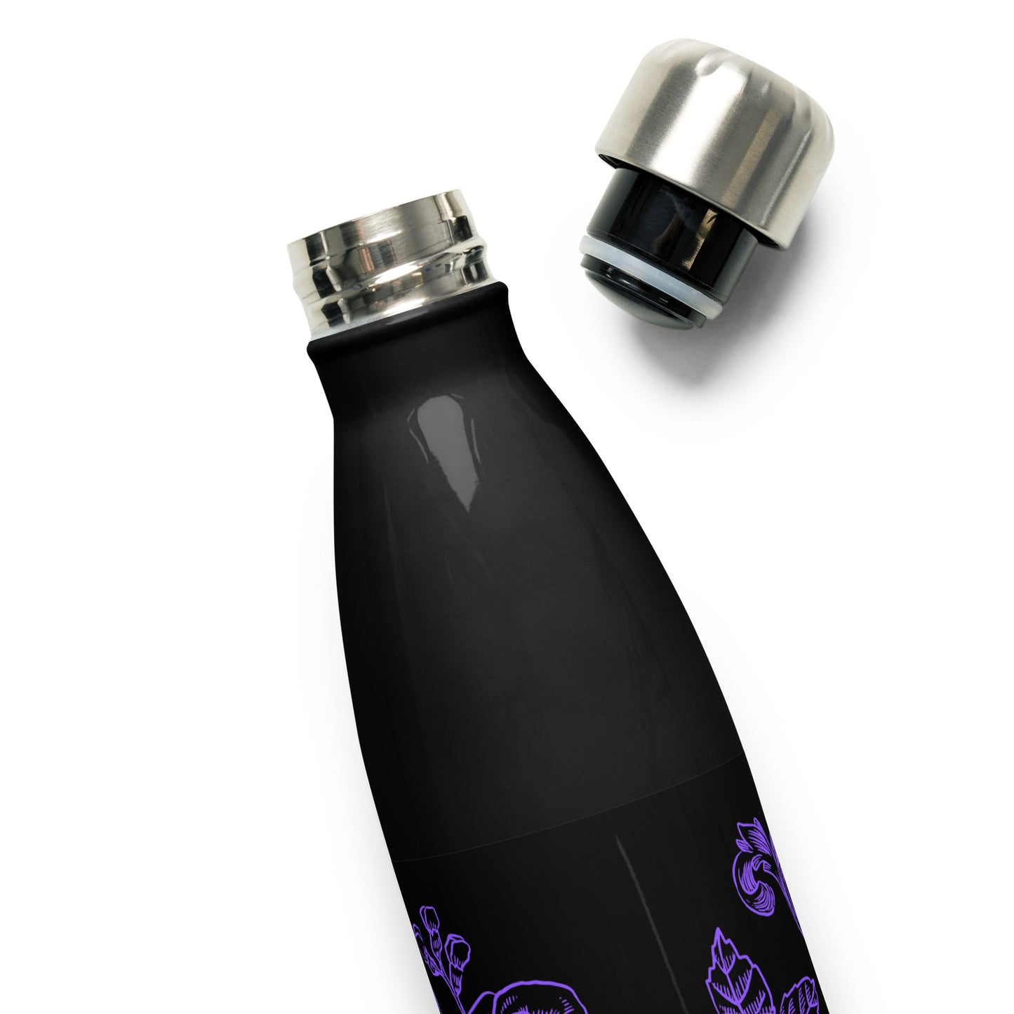 Black Stainless Steel Water Bottle Purple Flower Filigree