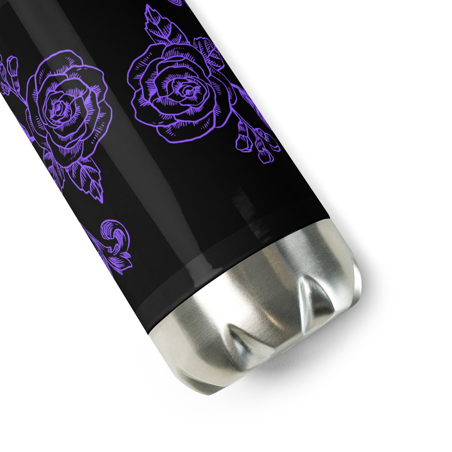 Black Stainless Steel Water Bottle Purple Flower Filigree