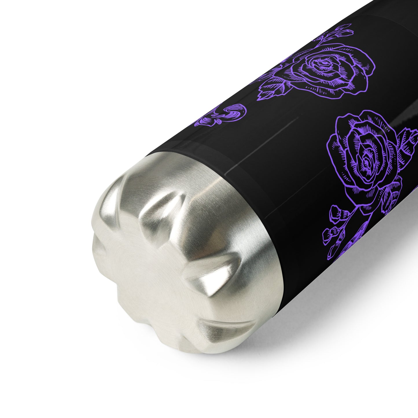 Black Stainless Steel Water Bottle Purple Flower Filigree