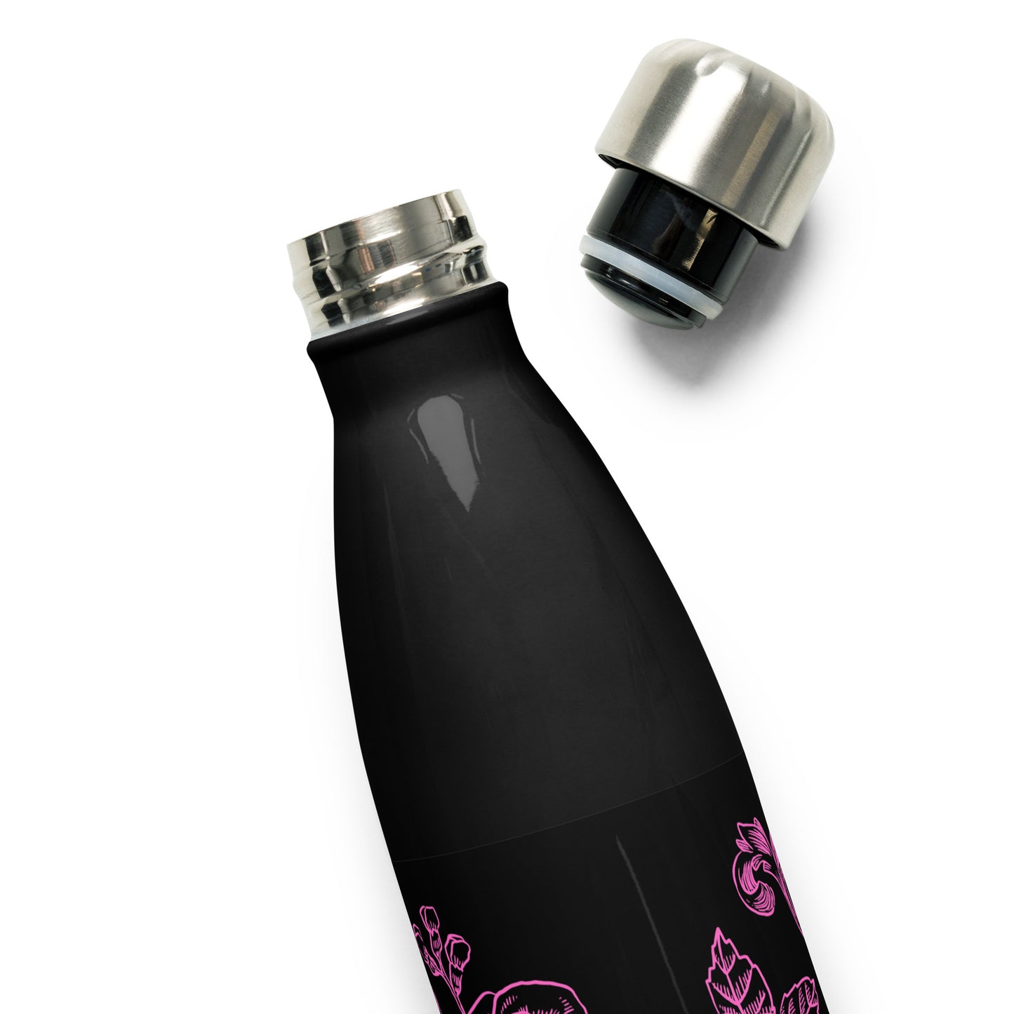 Black Stainless Steel Water Bottle Pink Flower Filigree