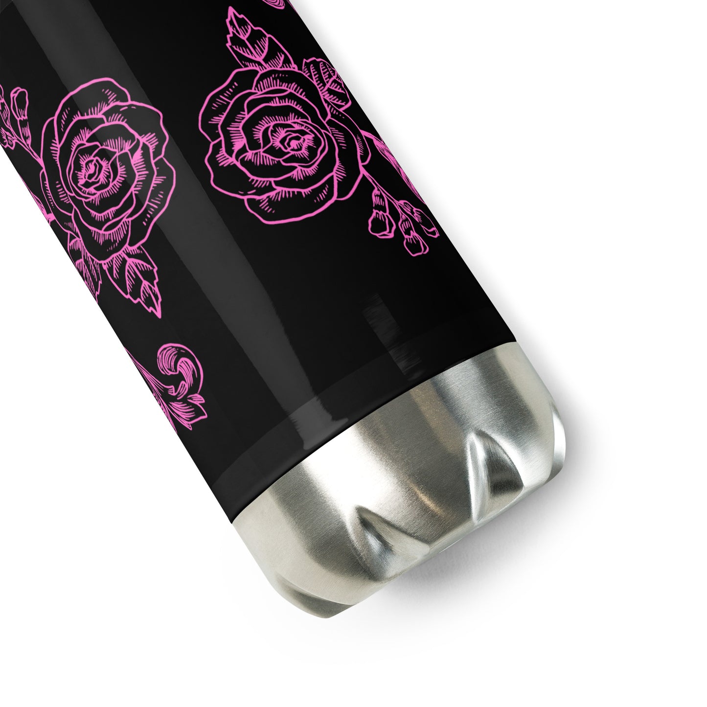 Black Stainless Steel Water Bottle Pink Flower Filigree