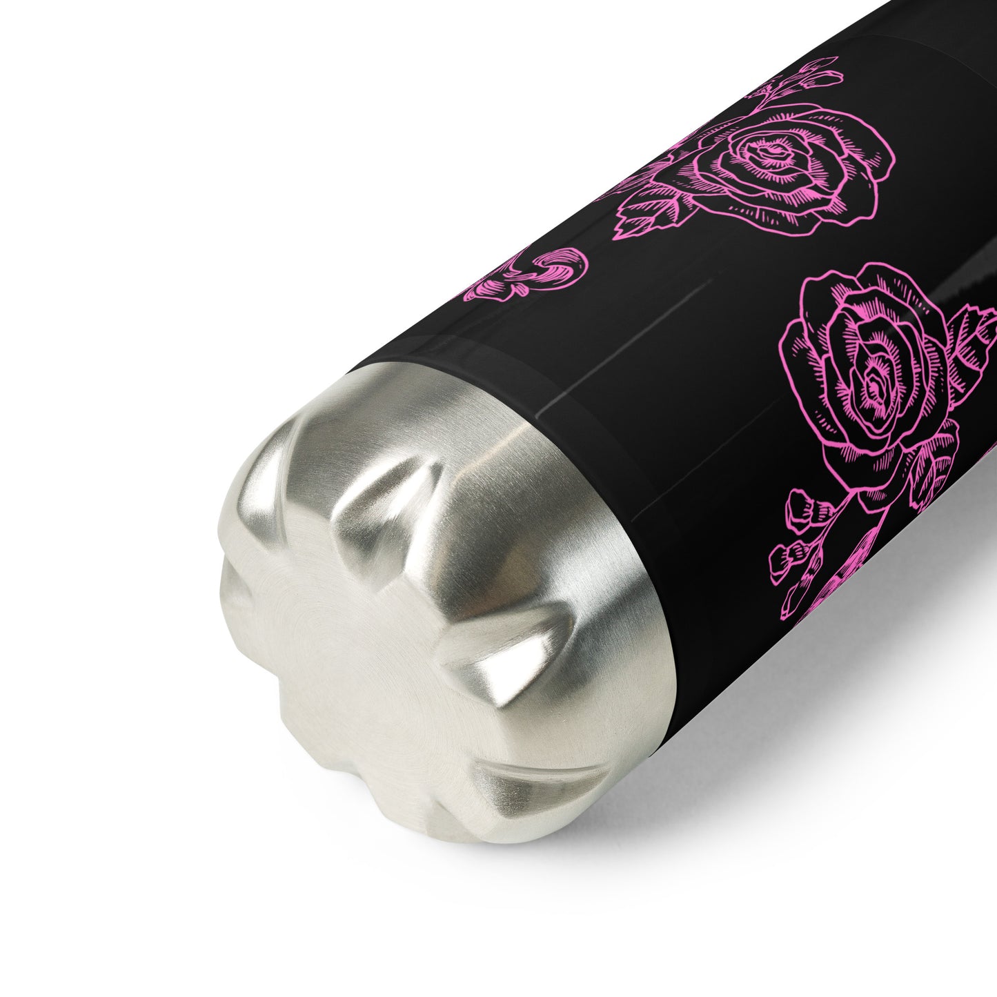 Black Stainless Steel Water Bottle Pink Flower Filigree