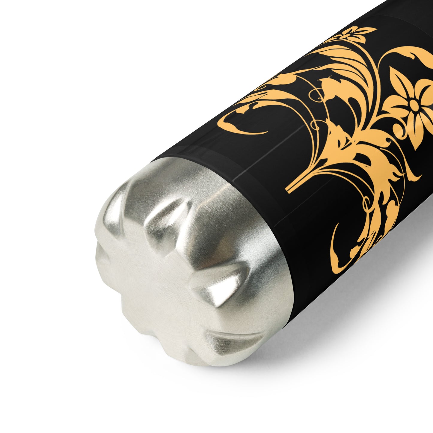 Floral Filigree Bouquet Orange Design Black Stainless Steel Water Bottle