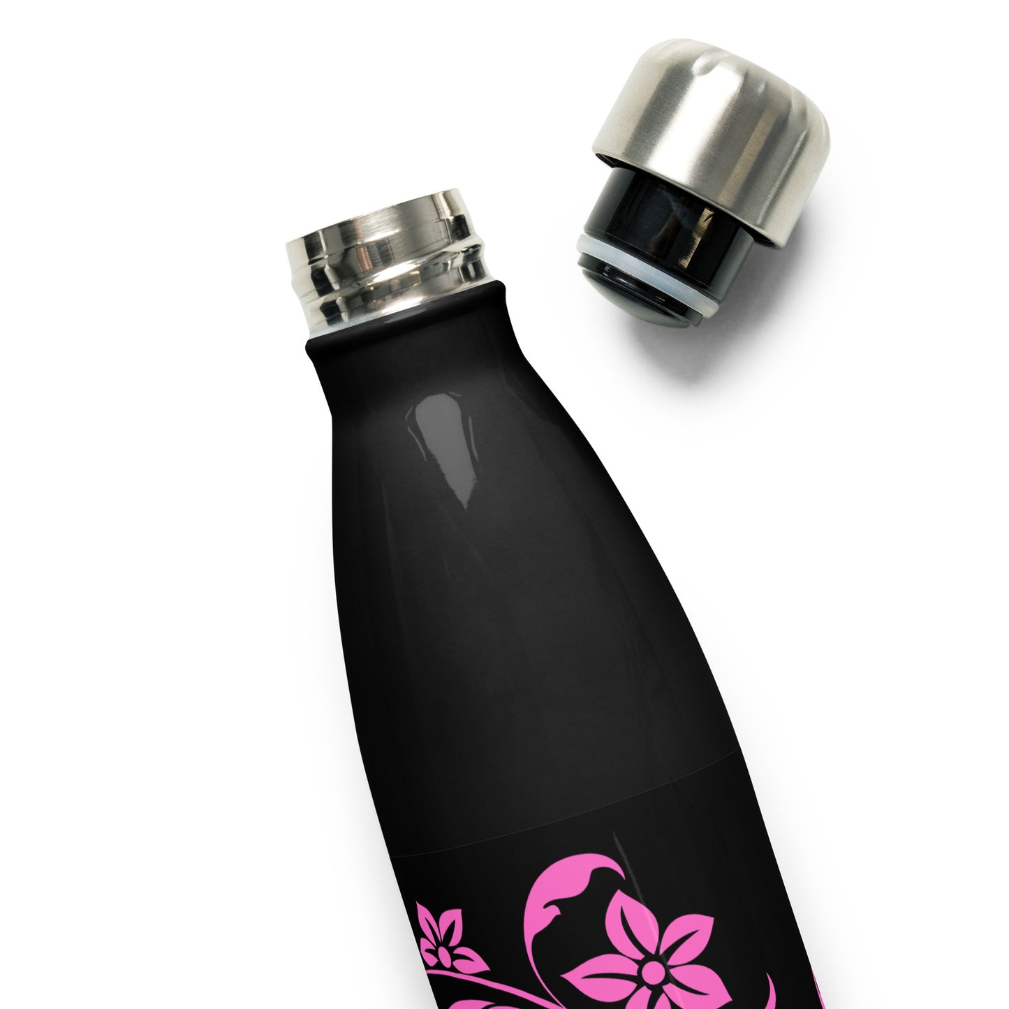 Floral Filigree Bouquet Pink Design Black Stainless Steel Water Bottle