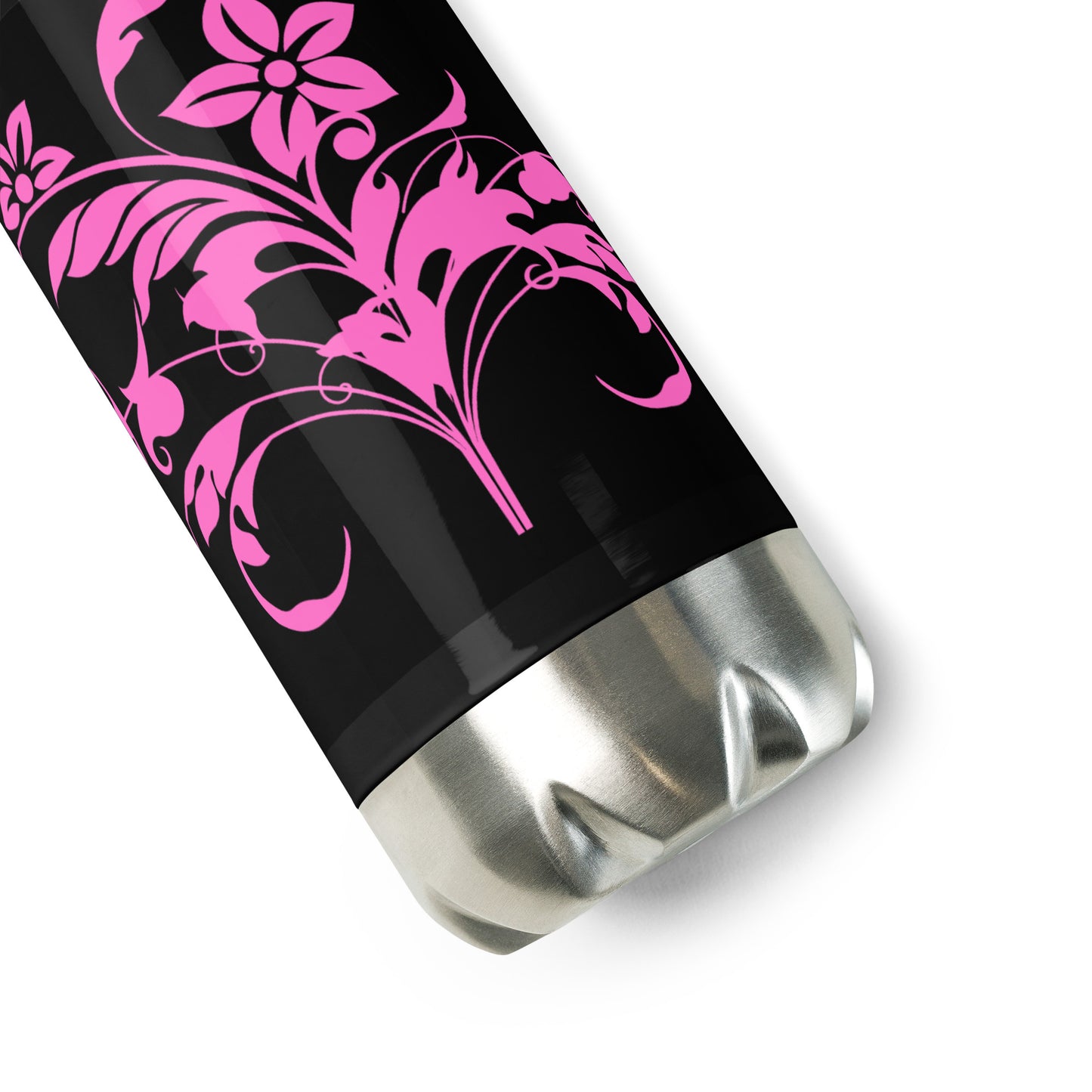 Floral Filigree Bouquet Pink Design Black Stainless Steel Water Bottle