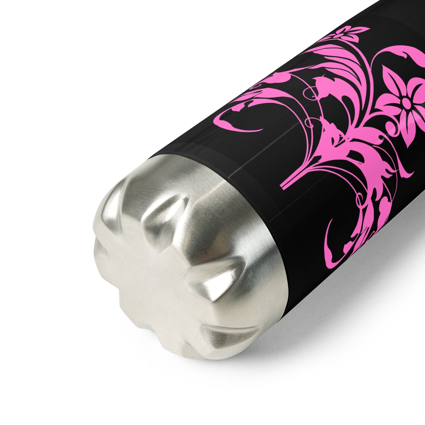 Floral Filigree Bouquet Pink Design Black Stainless Steel Water Bottle