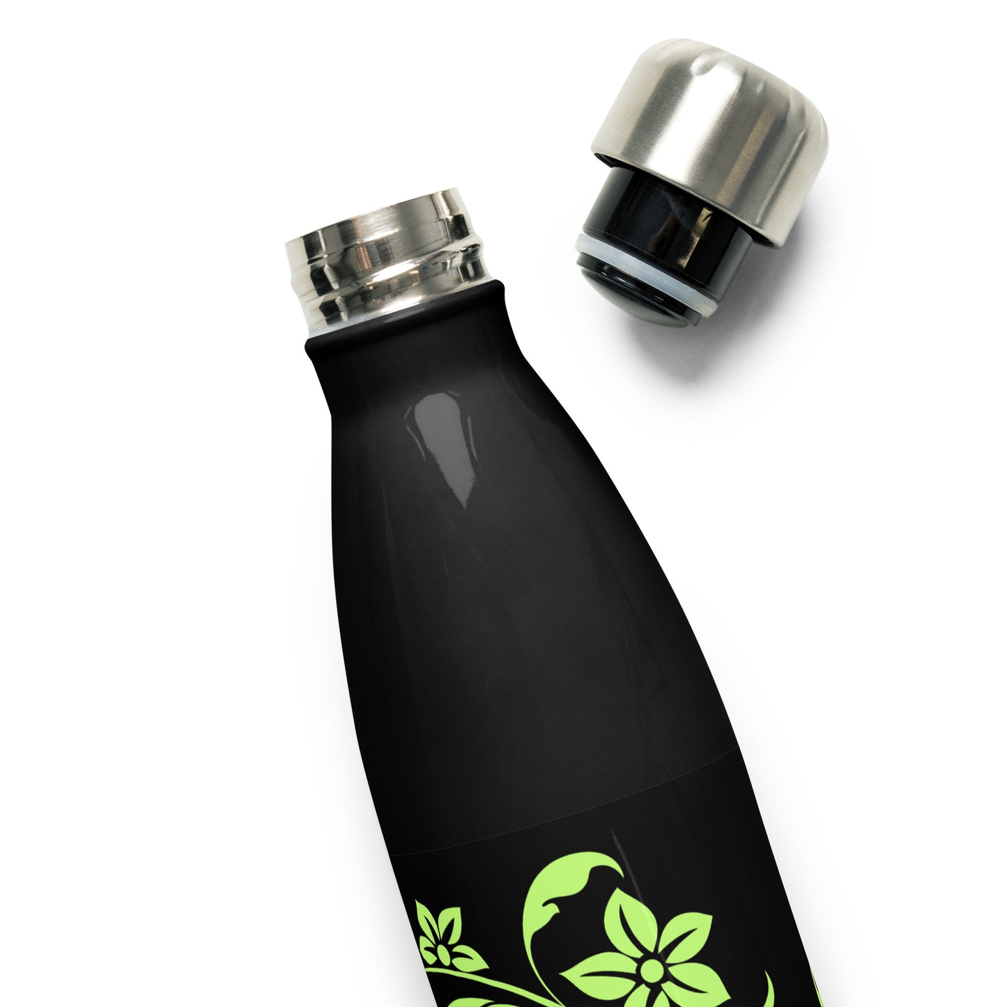 Floral Filigree Bouquet Green Design Black Stainless Steel Water Bottle