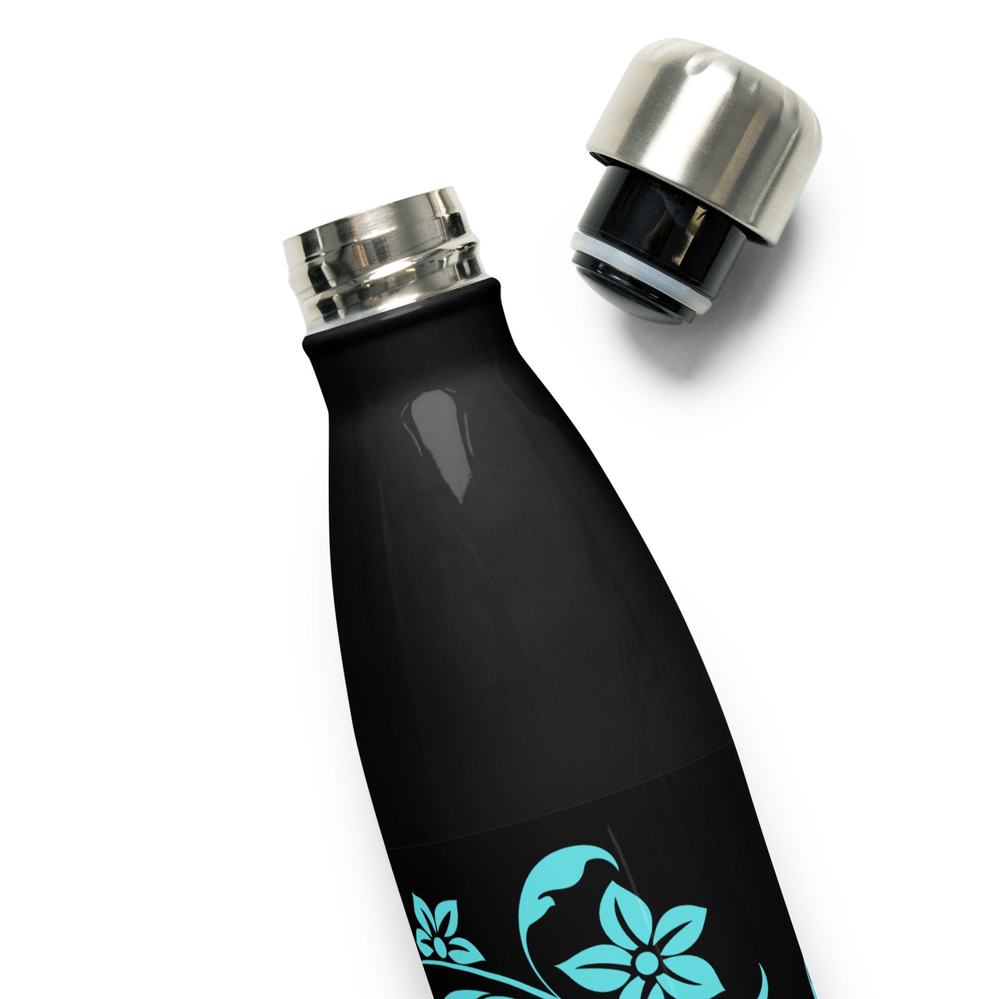 Floral Filigree Bouquet Blue Design Black Stainless Steel Water Bottle