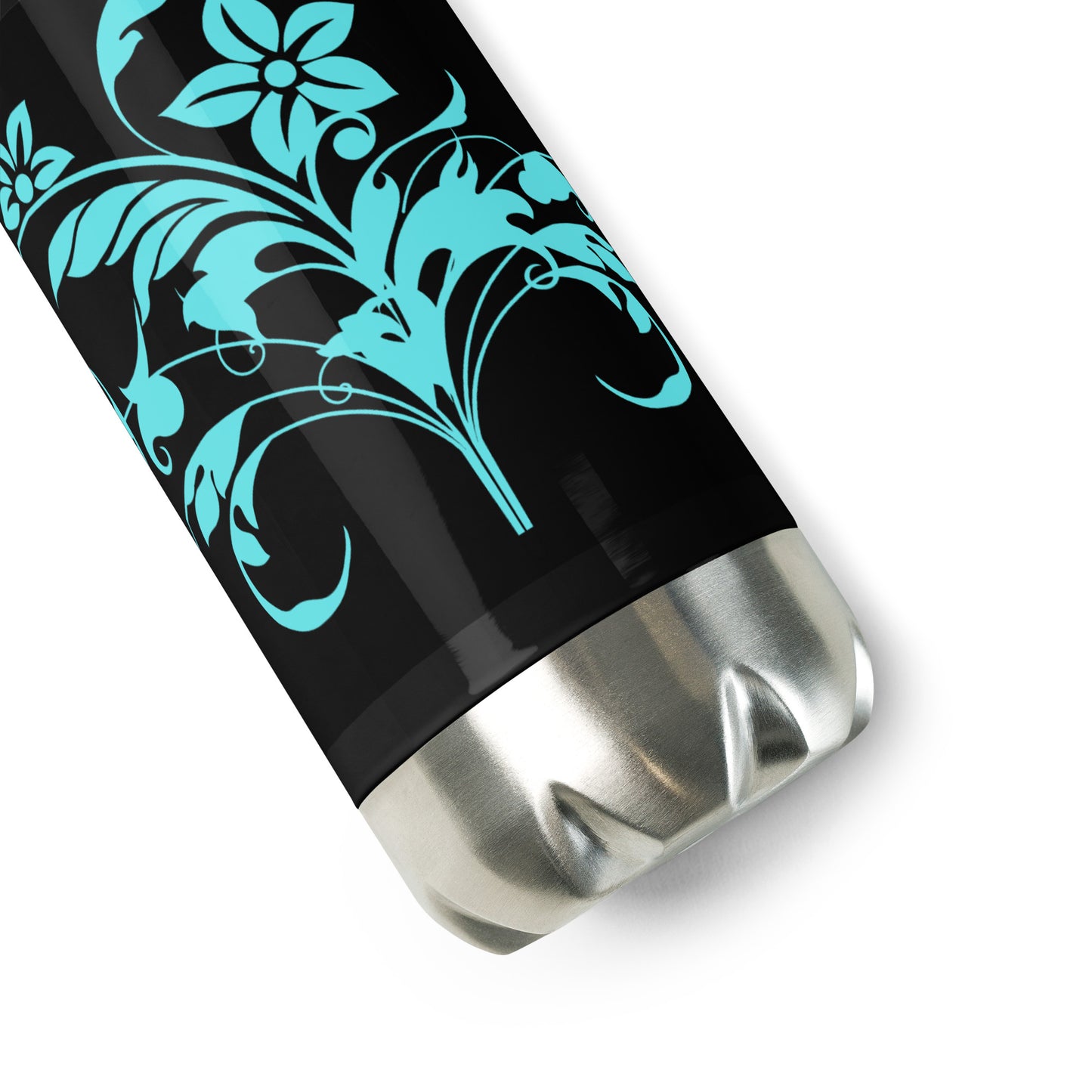 Floral Filigree Bouquet Blue Design Black Stainless Steel Water Bottle
