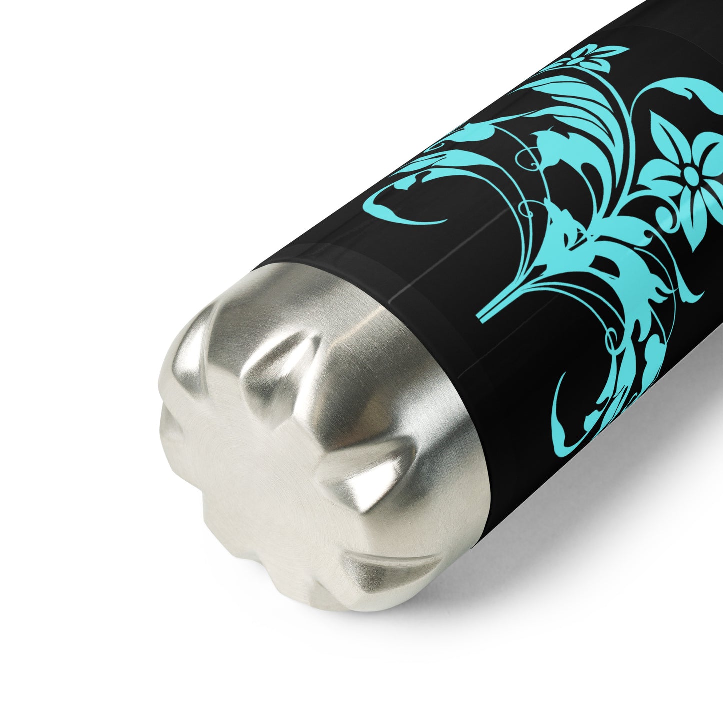 Floral Filigree Bouquet Blue Design Black Stainless Steel Water Bottle