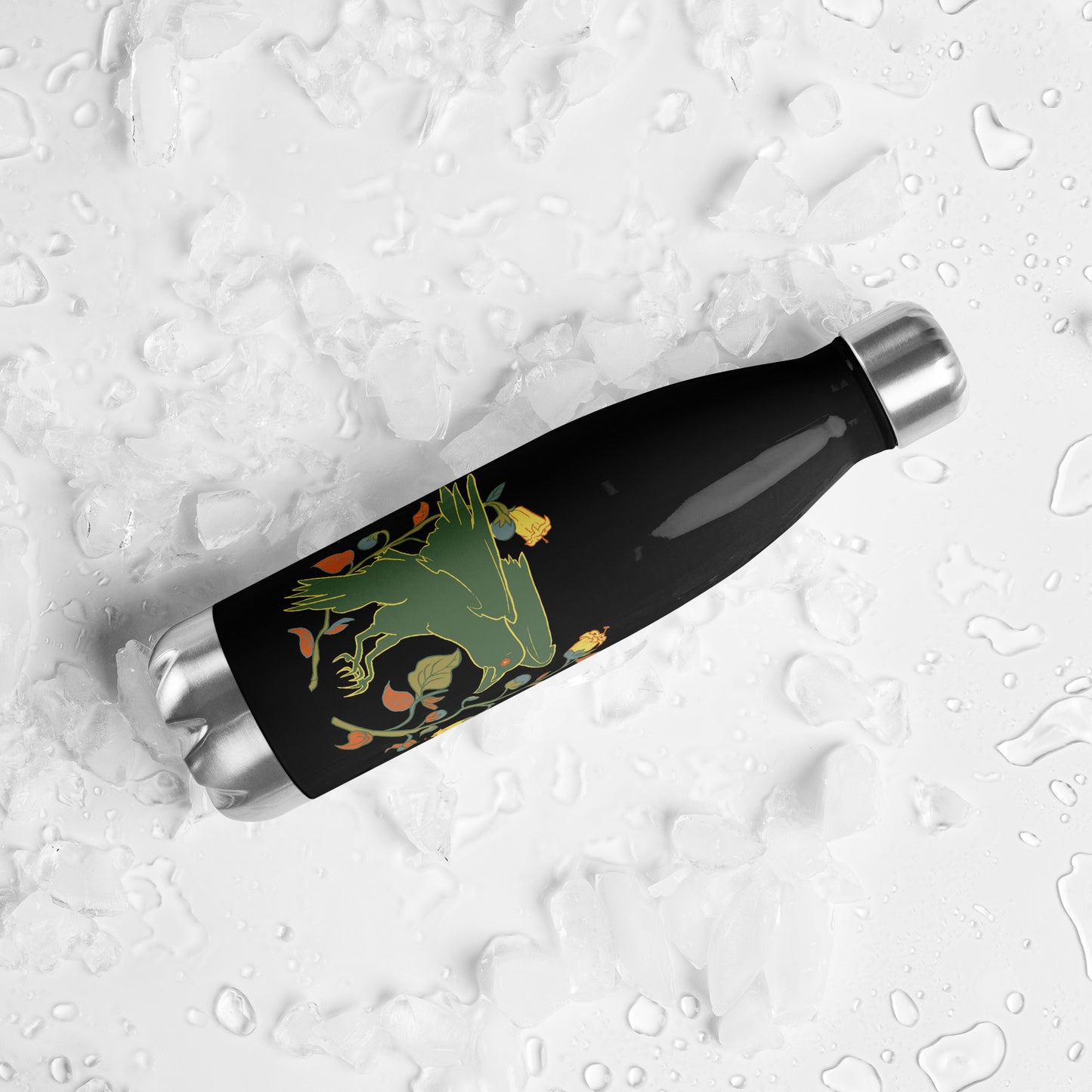 Retro Style Green Bird Raven Black Stainless Steel Water Bottle