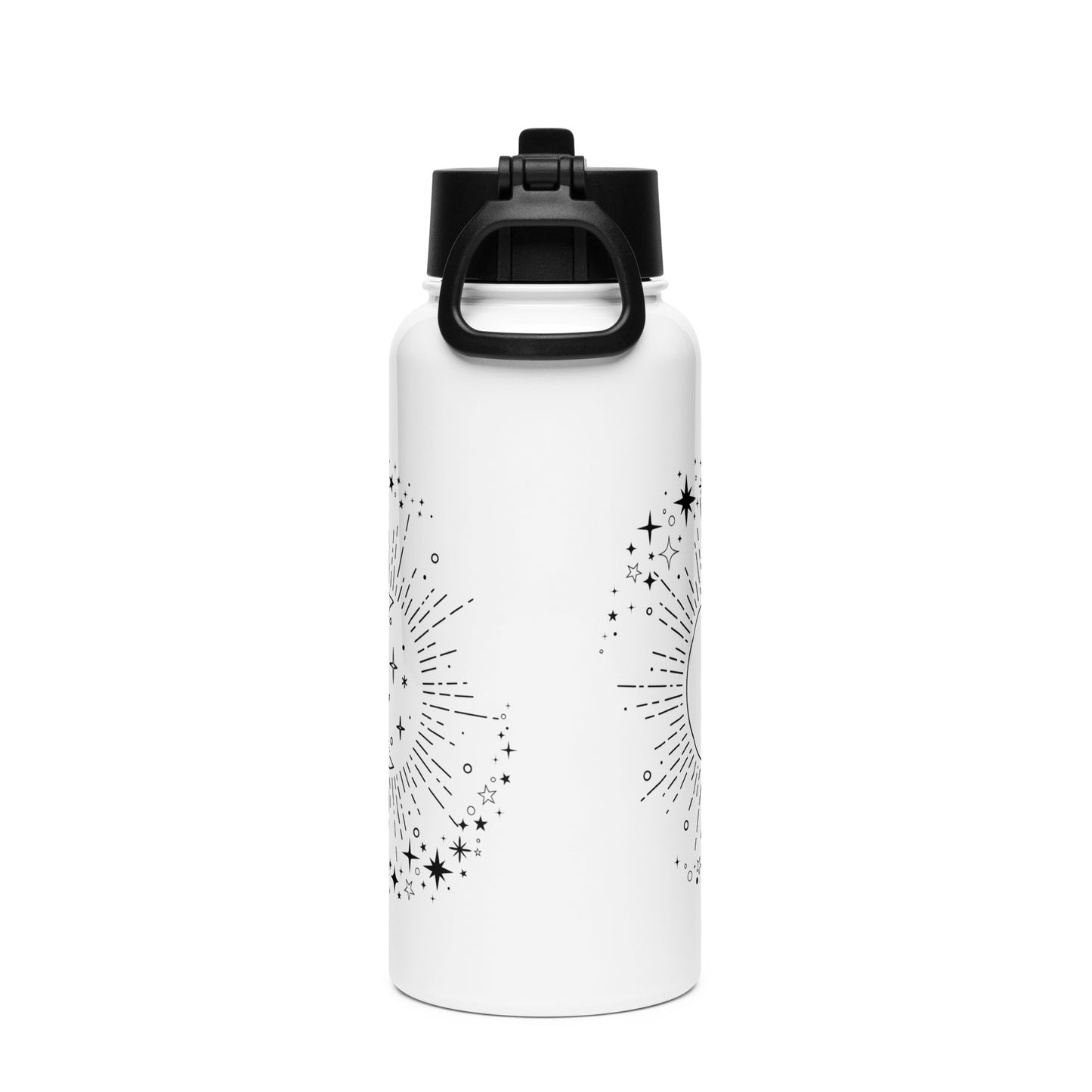 To The Moon & Stars Black Design White Stainless Steel Water Bottle with a Straw Lid 32 oz