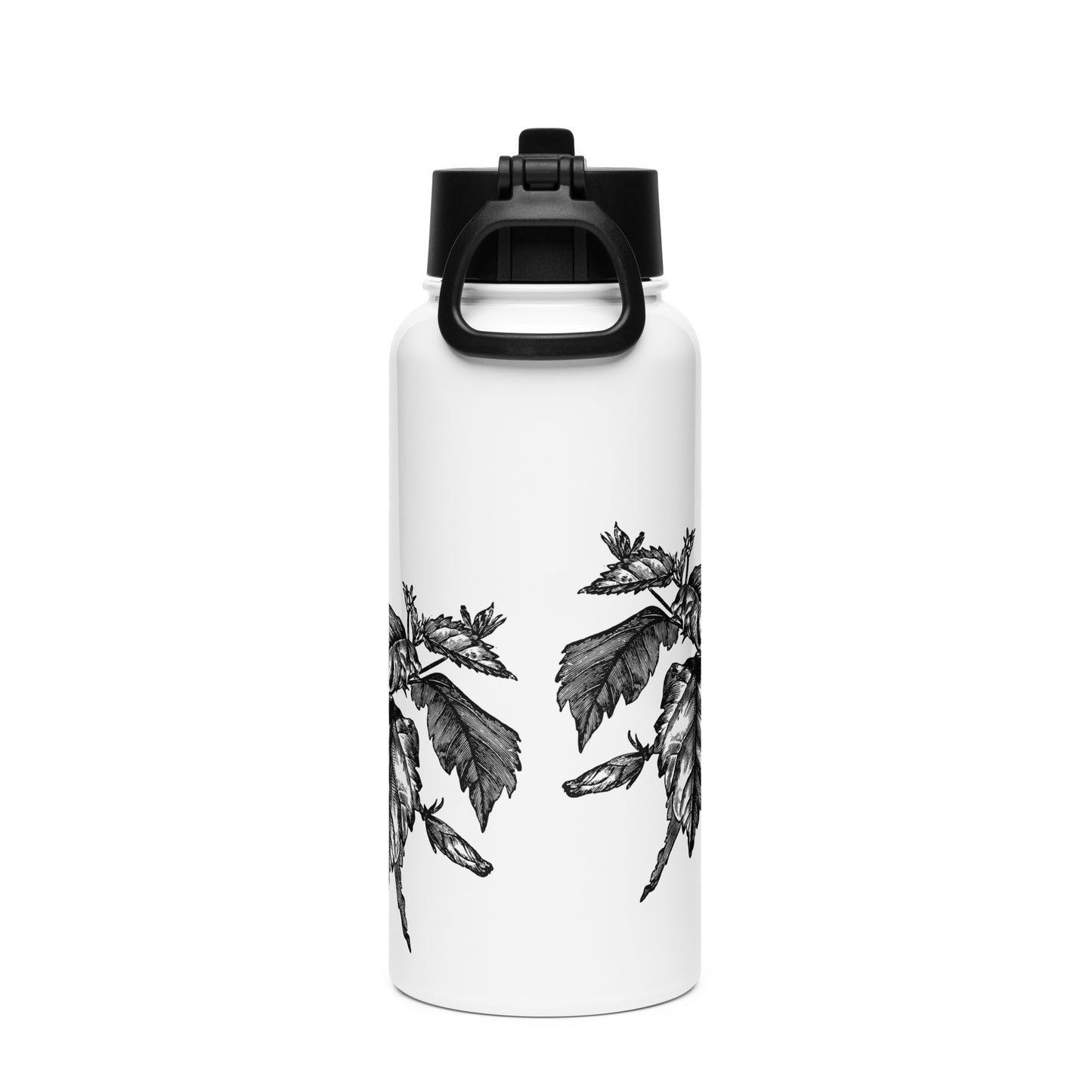 White Flowers Black Design White Stainless Steel Water Bottle with a Straw Lid 32 oz
