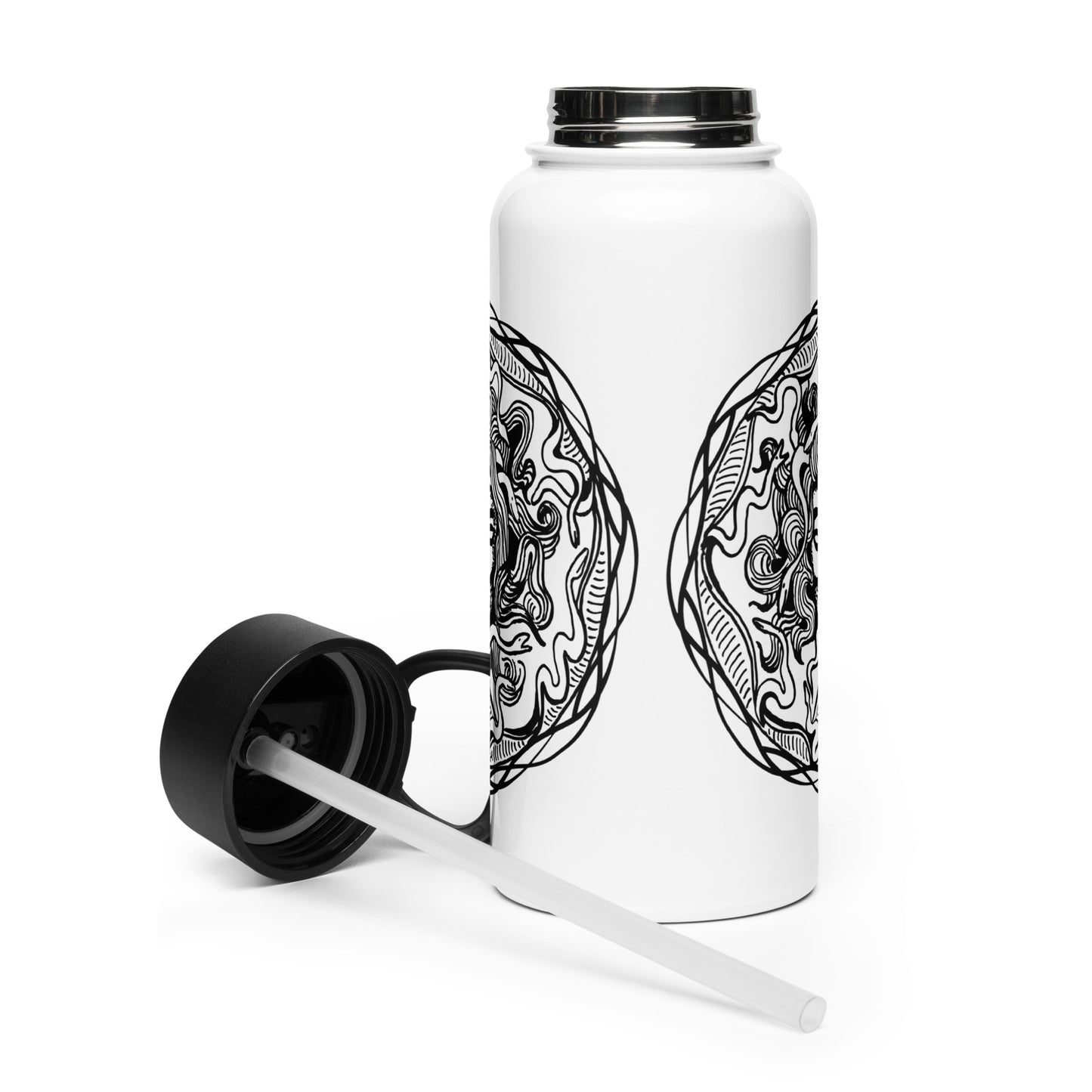 Medusa Circle Emblem Design Black Design White Stainless Steel Water Bottle with a Straw Lid 32 oz