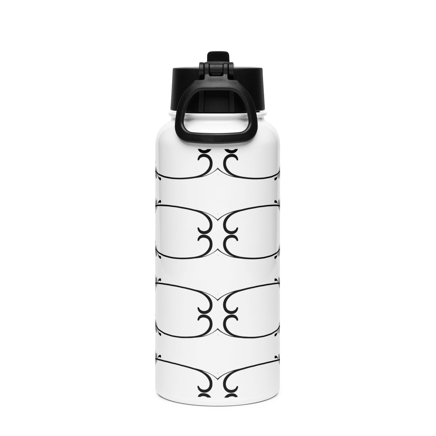 Simple Swirl Black Design White Stainless Steel Water Bottle with a Straw Lid 32 oz