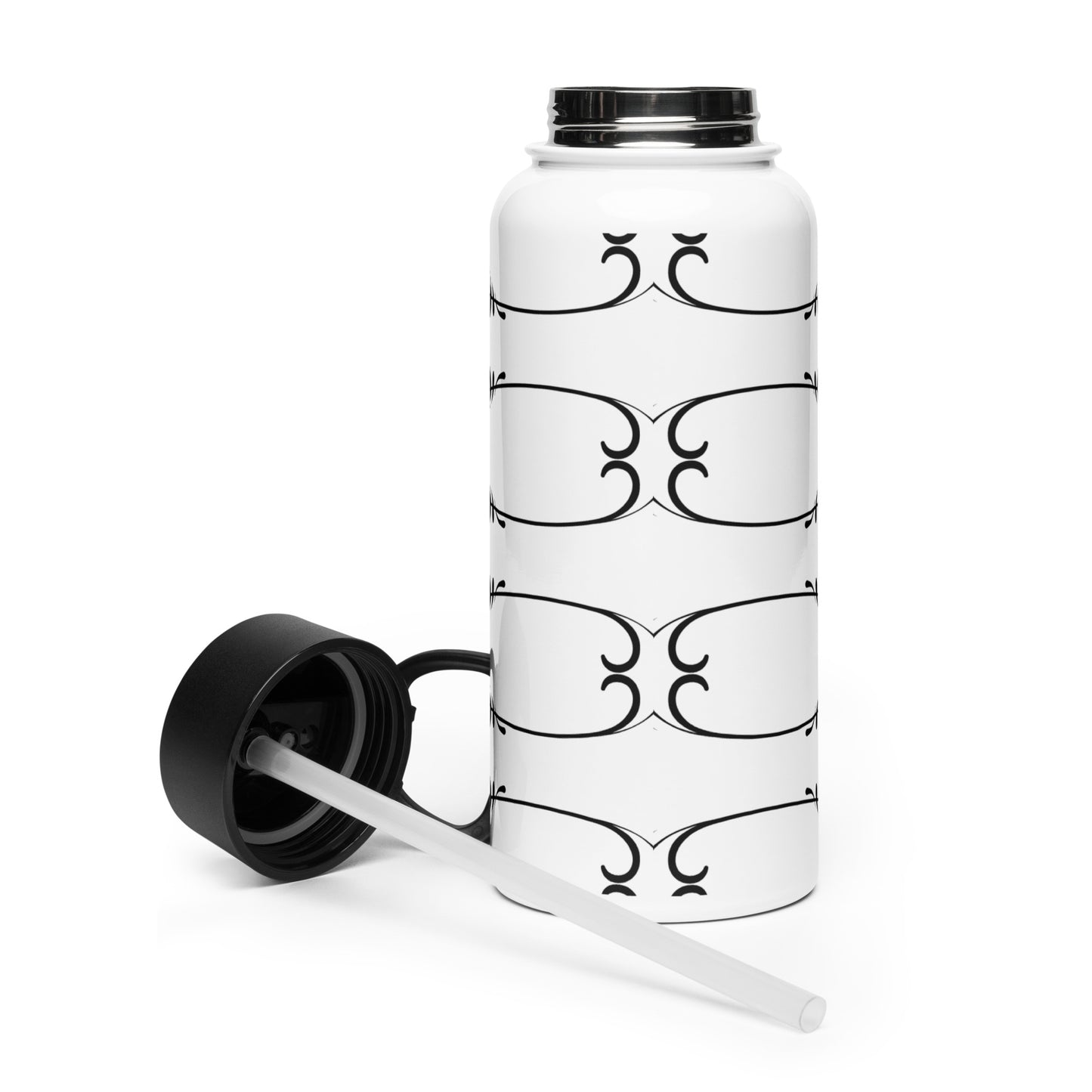 Simple Swirl Black Design White Stainless Steel Water Bottle with a Straw Lid 32 oz