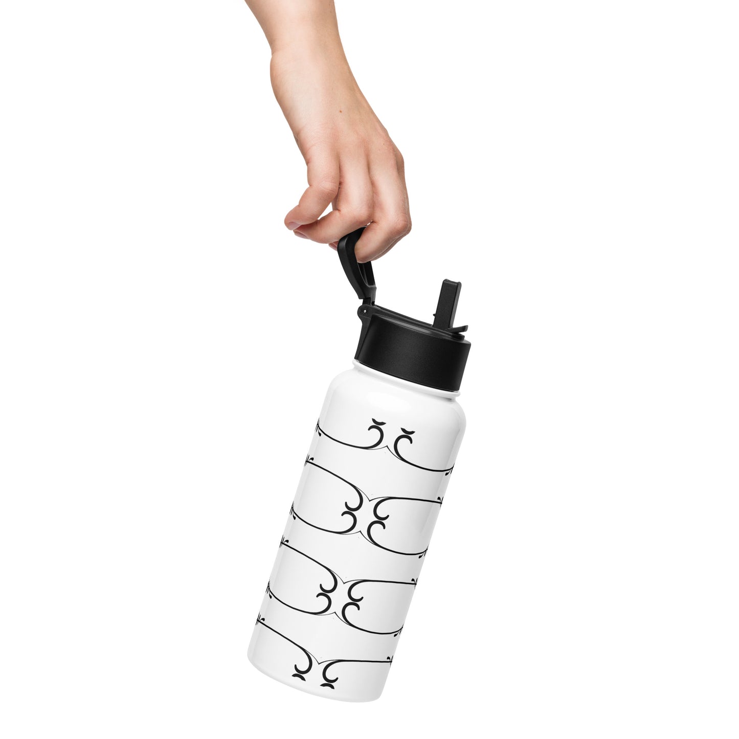 Simple Swirl Black Design White Stainless Steel Water Bottle with a Straw Lid 32 oz