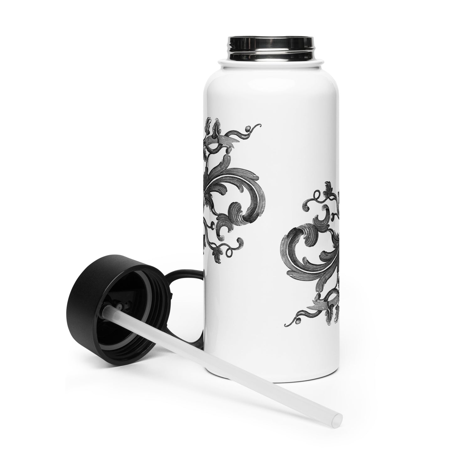 Art Nouveau Filigree Black Design White Stainless Steel Water Bottle with a Straw Lid 32 oz