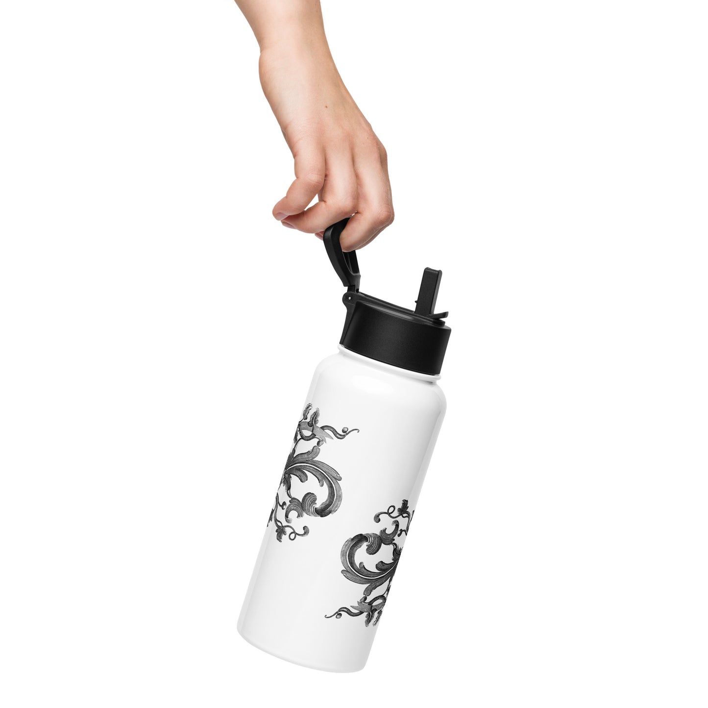 Art Nouveau Filigree Black Design White Stainless Steel Water Bottle with a Straw Lid 32 oz