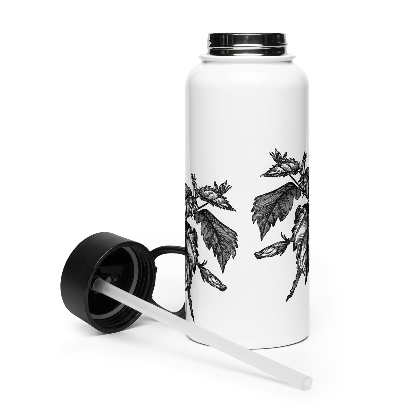 White Flowers Black Design White Stainless Steel Water Bottle with a Straw Lid 32 oz