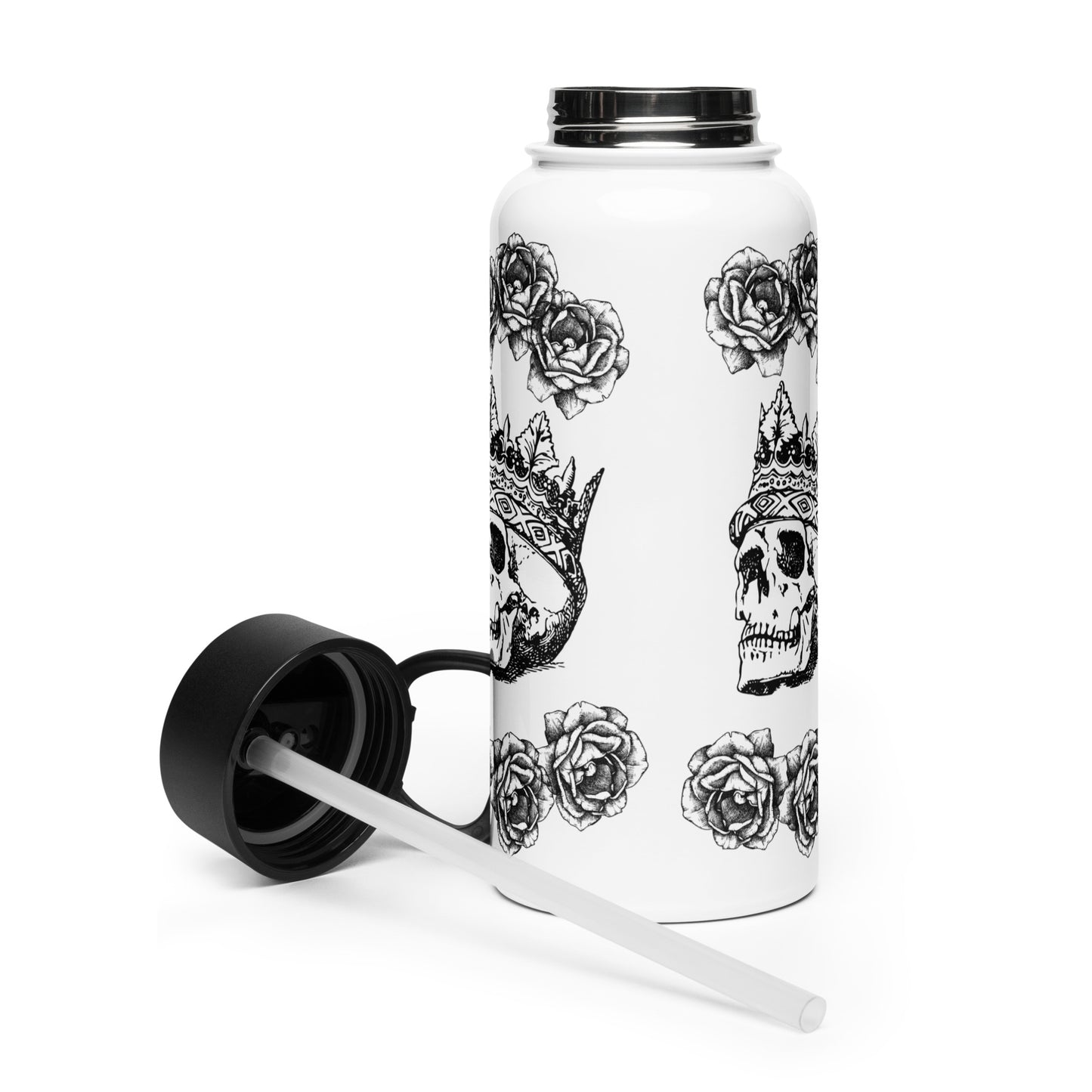 Crowned Skull & Flowers Black Design White Stainless Steel Water Bottle with a Straw Lid 32 oz