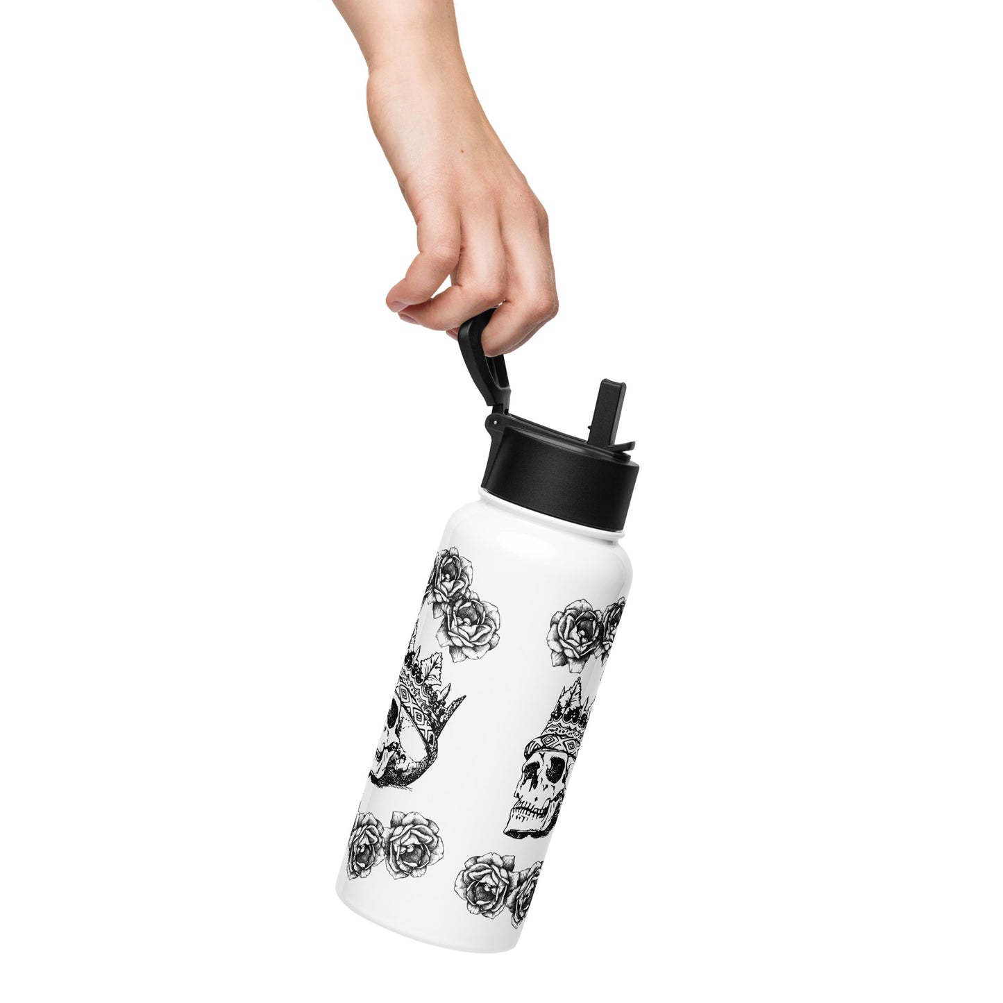 Crowned Skull & Flowers Black Design White Stainless Steel Water Bottle with a Straw Lid 32 oz