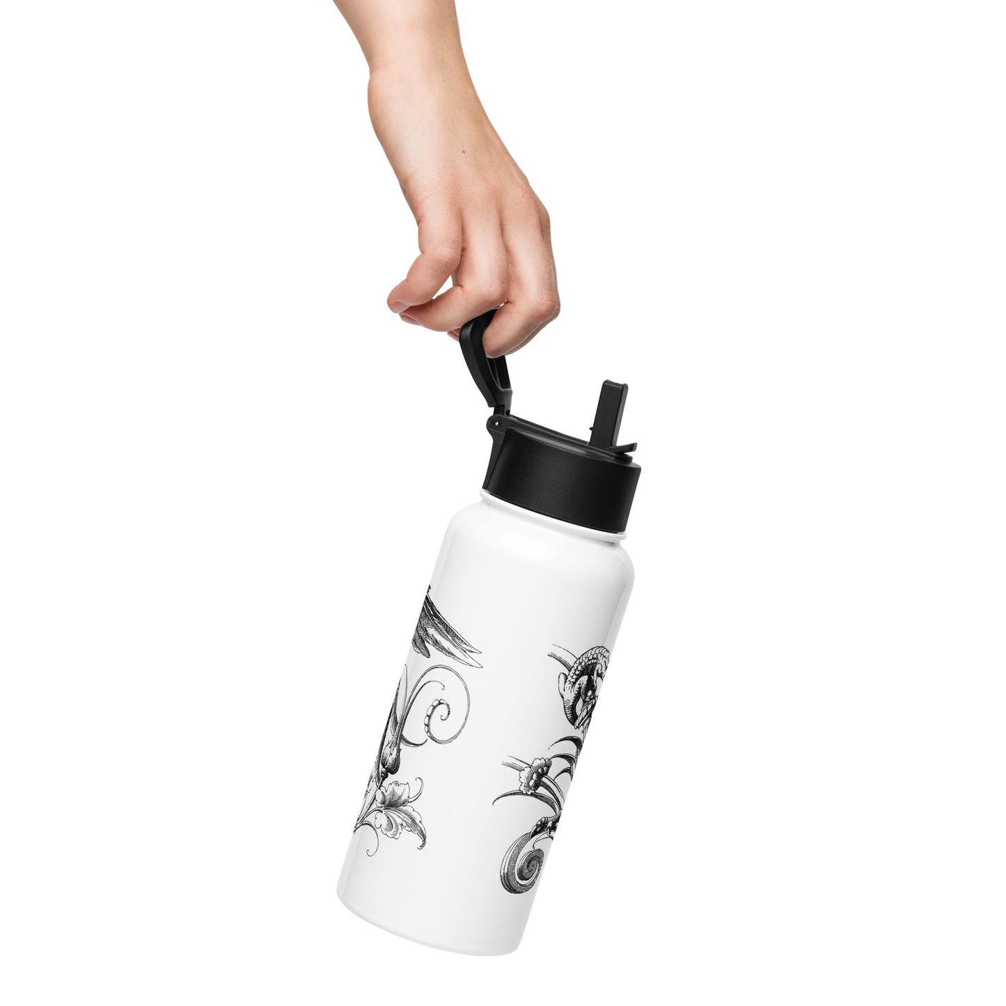 Gryphon Black Design White Stainless Steel Water Bottle with a Straw Lid 32 oz