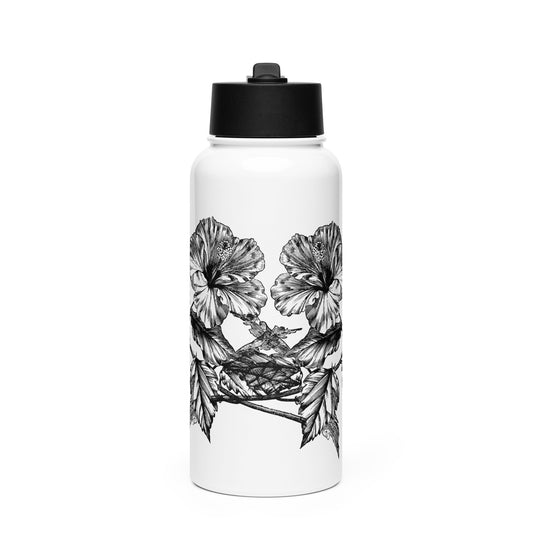 White Flowers Black Design White Stainless Steel Water Bottle with a Straw Lid 32 oz