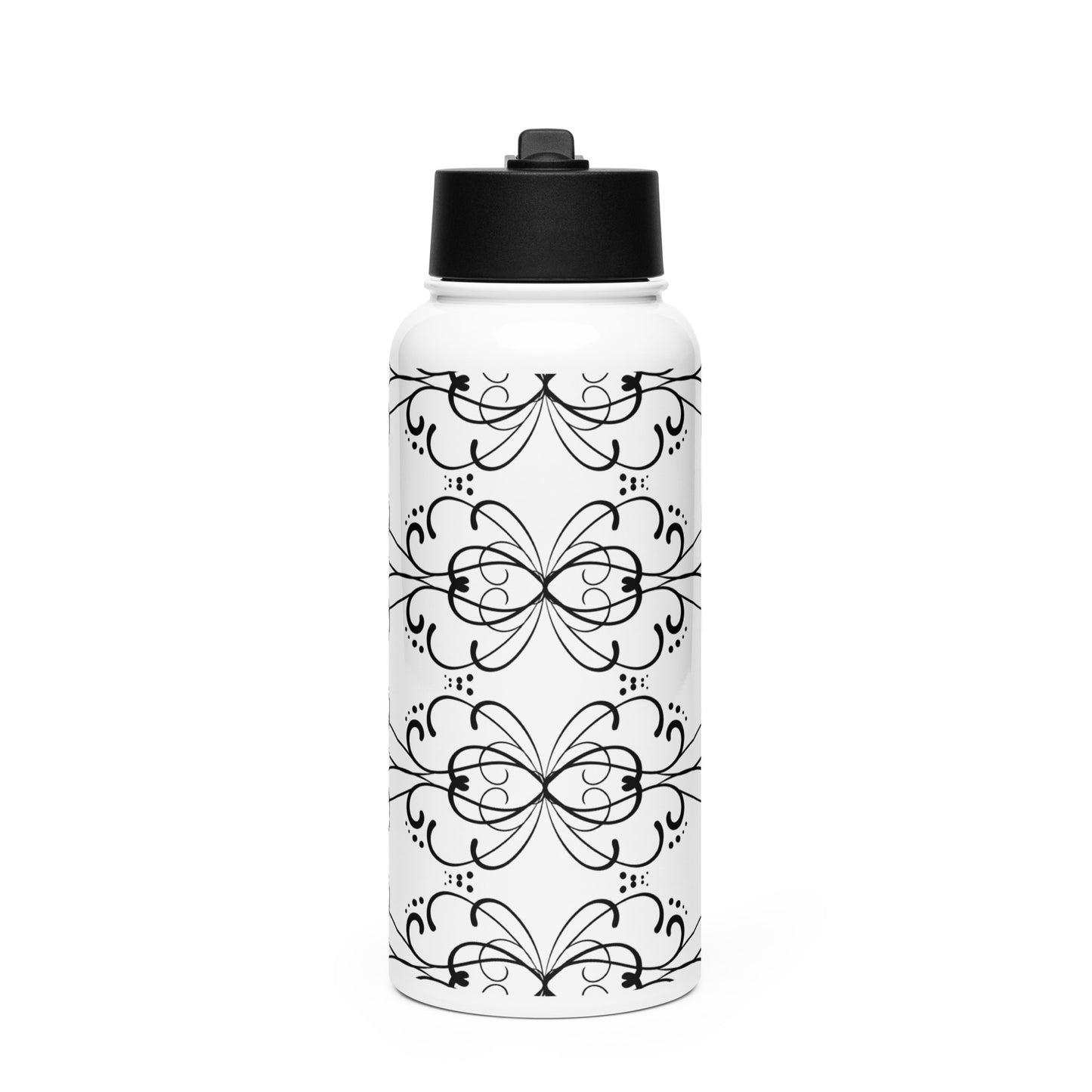 Simple Swirl Black Design White Stainless Steel Water Bottle with a Straw Lid 32 oz