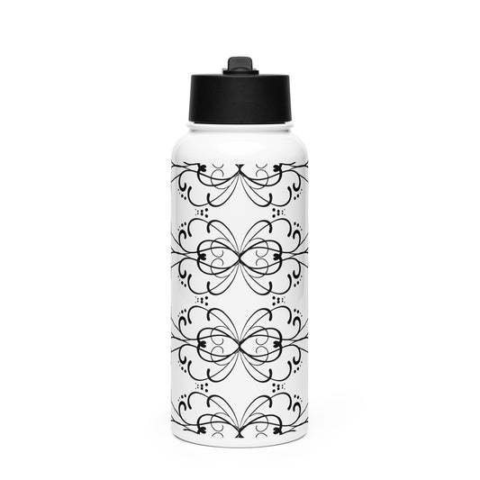 Simple Swirl Black Design White Stainless Steel Water Bottle with a Straw Lid 32 oz