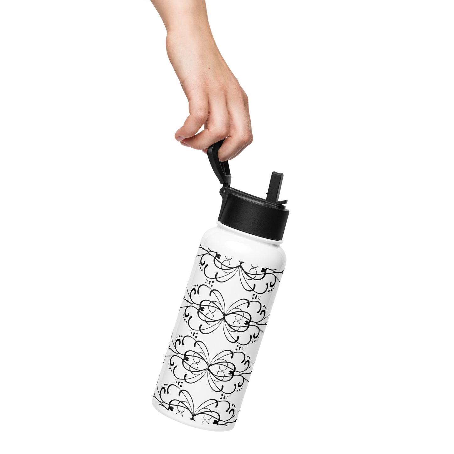 Simple Swirl Black Design White Stainless Steel Water Bottle with a Straw Lid 32 oz