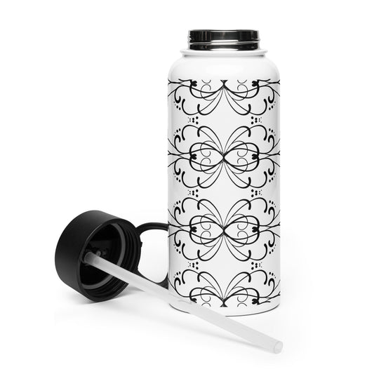 Simple Swirl Black Design White Stainless Steel Water Bottle with a Straw Lid 32 oz